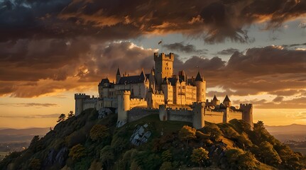 Fototapeta premium The castle, bathed in the warm glow of the setting sun, creates a breathtaking scene, a symphony of colors and light