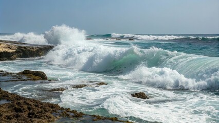Fototapeta premium Turbulent ocean waves crash against the edge of a submerged reef, wave impact, ocean turbulence, marine life, submerged reef, coastal erosion