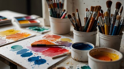 Obraz premium A cluttered workspace, a haven for creativity. Brushes, paints, and canvases invite inspiration, promising a masterpiece in the making