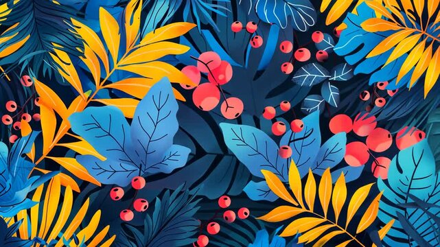 Modern, colorful abstract pattern featuring tropical berries.