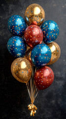 Colorful festive balloons tied with ribbons