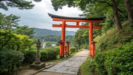Vibrant torii gate surrounded by lush greenery, natural surroundings, vibrant colors, torii gate, serene atmosphere, Japanese architecture