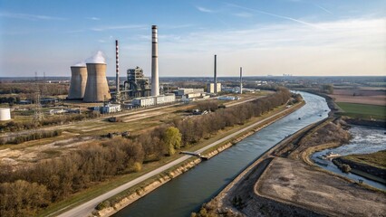 Obraz premium View of an industrial area and a coal power plant next to a flowing watercourse, landscape, industrial area