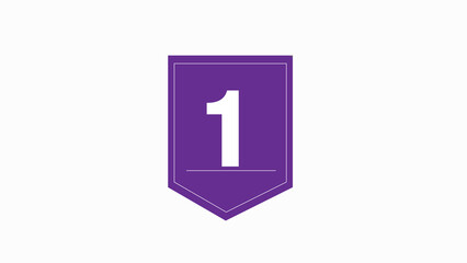The design features a minimalist badge-style layout with a prominent purple background. It has a geometric shield shape, with a clean white number 