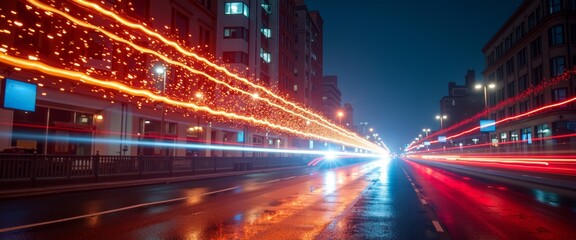 Fototapeta premium Dynamic view of city street at night with light trails and festive mood, reflections