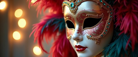 Close-up of elegant masquerade mask with feathers and decorative details, festive mood