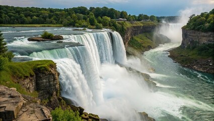 Fototapeta premium Water falls from the top of a cliff creating a stunning display of white water and spray, natural, whitewater, cliff
