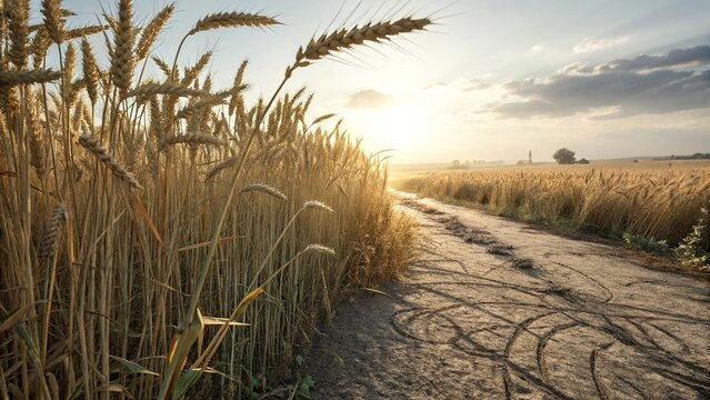 Warm sunlight illuminates the tall stalks of wheat casting intricate patterns on the ground, sunlight, warm tones, natural lighting, fields of gold