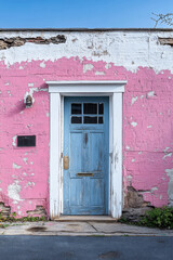 Unique blue door on a vibrant pink wall with peeling paint in an urban setting
