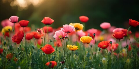Obraz premium A vibrant field of colorful poppies blooming in the soft sunlight symbolizes the beauty, nature and serenity of a summer landscape.