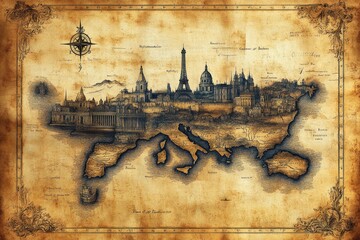 Antique Map Depicting European Landmarks As A Continent