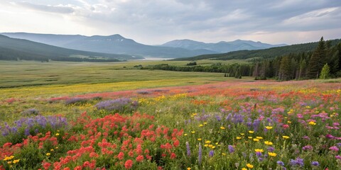 Wildflower field with colorful blooms, colorful flowers, landscape photography, nature's beauty, sunny meadow