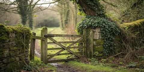 Wooden gate with overgrown vines and moss, nature-inspired decor, rural landscape, wooden gate, vintage charm, rustic gate