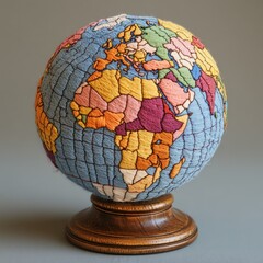 A colorful embroidered globe showcasing world continents and countries on a wooden base.