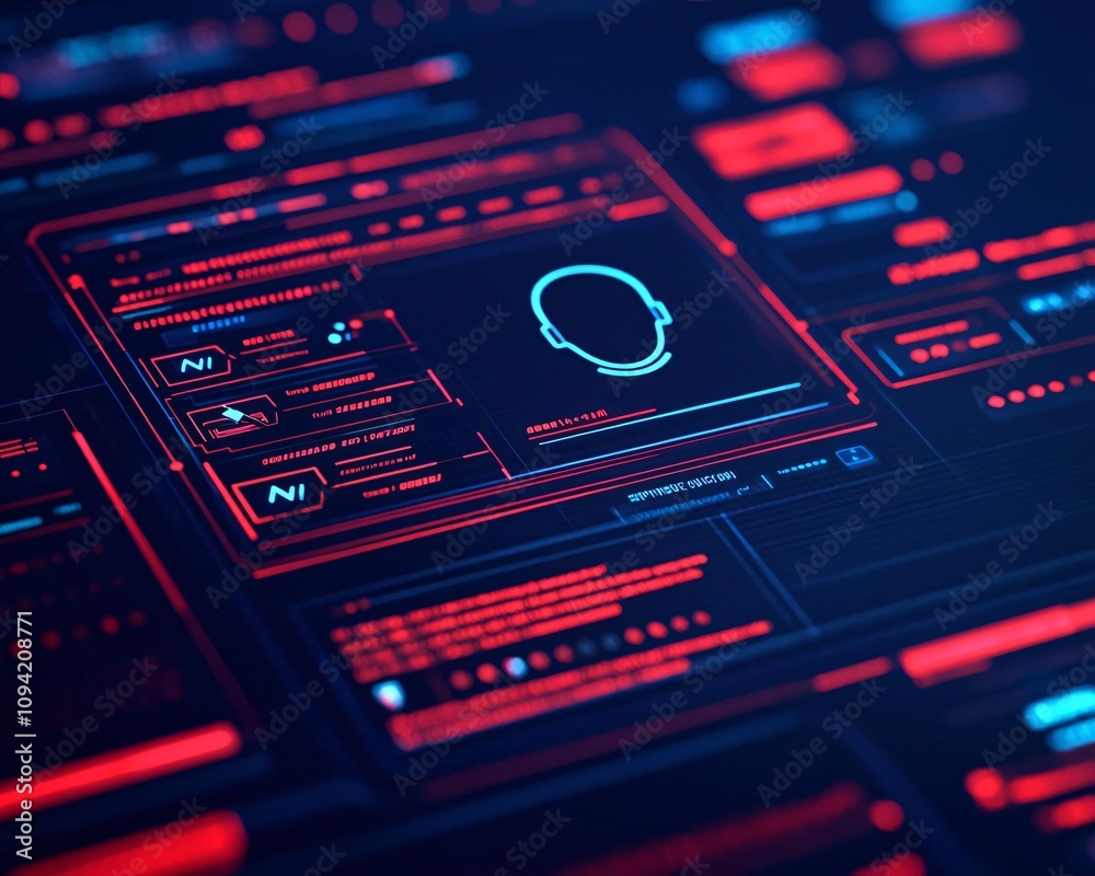 Poster futuristic interface showcasing biometric analysis and data processing in a neon design.