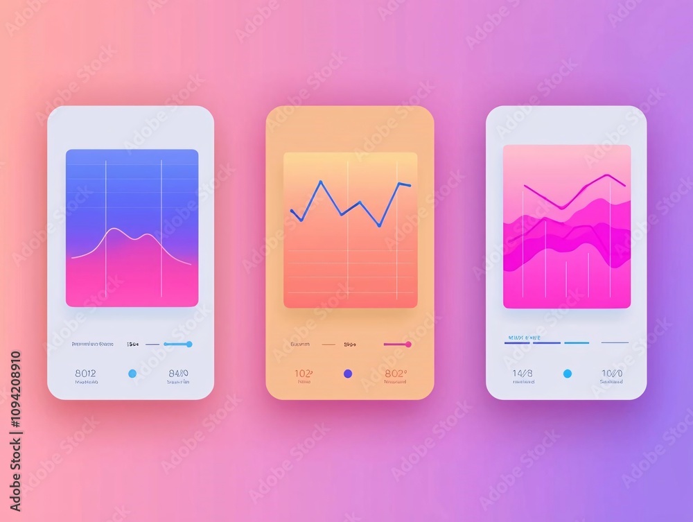 Poster modern mobile applications displaying colorful financial and analytical data graphs in a sleek digit