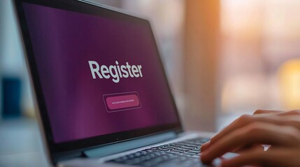 A close-up of a laptop screen displaying a registration form, highlighting the digital connection and online services.