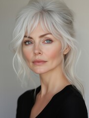 Elegant woman with silver hair in black outfit against neutral background. Minimalistic and sophisticated style. Beauty and fashion portrait concept