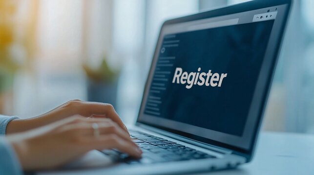 A close-up of hands typing on a laptop with a focus on the 'Register' button, suggesting online action.