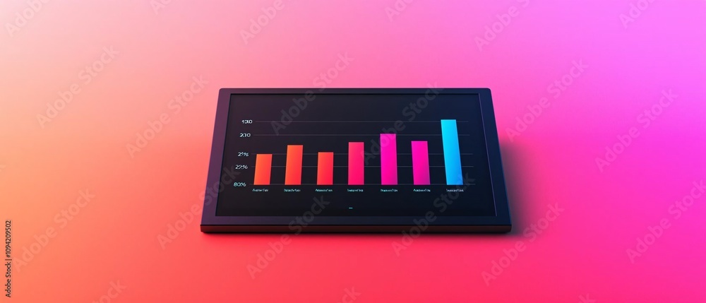 Poster a digital tablet displaying colorful bar graphs against a vibrant gradient background, showcasing da
