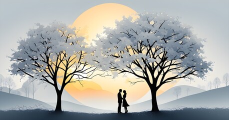 Abstract minimalist spring scene with a single, sharp silhouette of a couple and a blooming tree, hinting at spring freshness