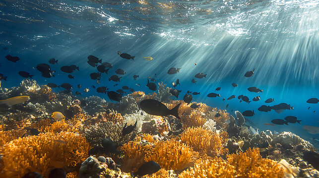 Underwater World Vibrant Aquatic Animals in Coral Reef Ocean Environment Stunning Light Rays Pollution Impact Awareness