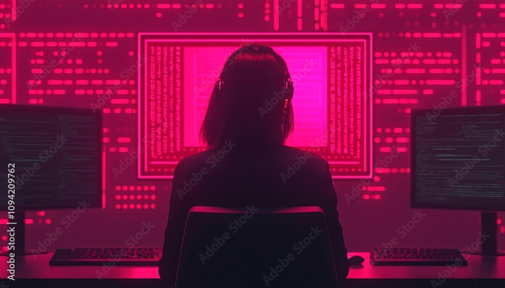 Poster a focused individual working in a dark room illuminated by vibrant coding displays, showcasing moder