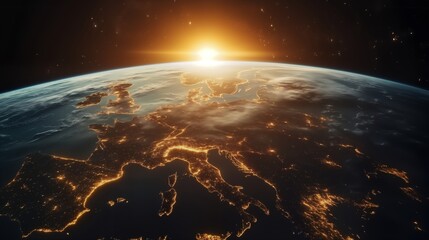 Earth from space show illuminated city lights during night with glow sunrise spreading over the horizon. Futuristic and environmental style. Global awareness and technology concept.