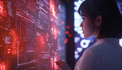 A focused woman analyzing data on a futuristic interface with glowing visuals in a high-tech environment.