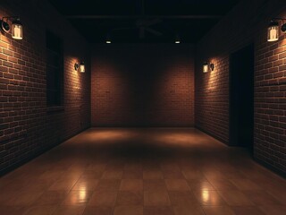 Intimate setting in a dimly lit room featuring brick walls and polished tile flooring, lit, intimate, brick