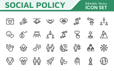 Set of Social Policy and Insuranceline icons. Outline icon collection related to education, insurance, law, goverment and more.