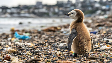 Obraz premium Penguin Struggles Amidst Pollution Coastal Beach Wildlife Photography Overcast Environment Close-up View Conservation Awareness
