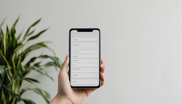 A hand holding a smartphone displaying a digital form against a neutral background with greenery.
