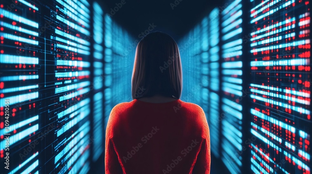 Poster a person stands before a vast array of glowing data, representing the intersection of technology and