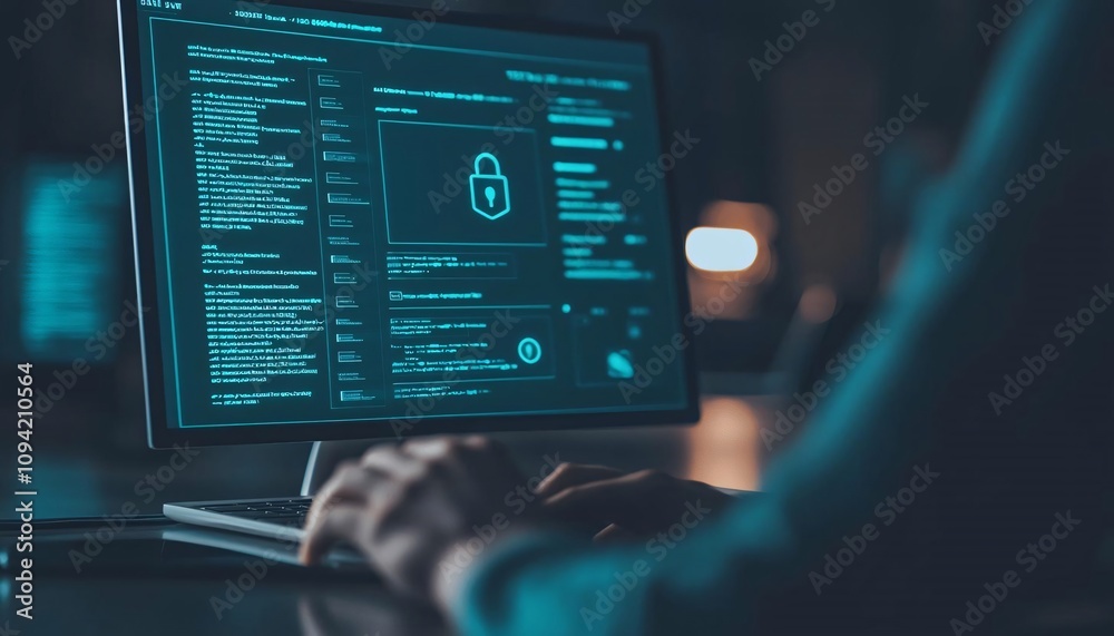 Wall mural a person using a computer to analyze data with a focus on cybersecurity and digital protection.