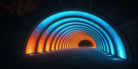 Obraz premium Iridescent tunnel of blue and orange hues emitting a mesmerizing glow in the darkness, dreamlike, radiant, orange