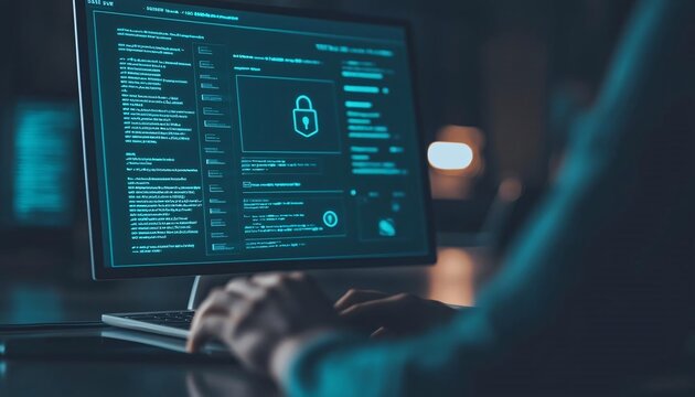 A person using a computer to analyze data with a focus on cybersecurity and digital protection. - Powered by Adobe