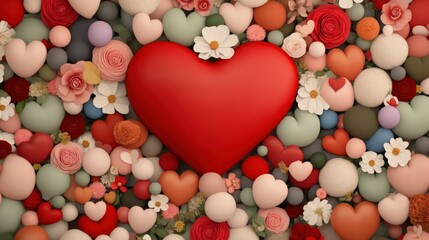 Obraz premium Valentine background of flower decorations for a romantic date night in a whimsical atmosphere, heart-shaped balloon arch surrounded by flowers