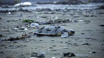 Pollution Impact on Aquatic Animals Beach Cleanup Wildlife Conservation Coastal Environment Close-Up View Urgency of Action