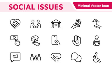 Social Issues Icon Set. Thought-provoking and impactful icons designed to raise awareness and promote engagement, perfect for enhancing campaigns, websites, and educational materials.