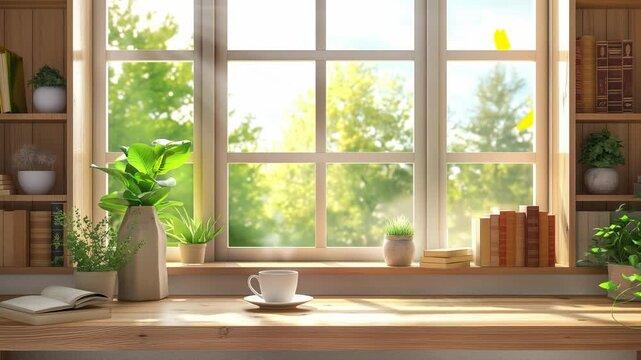 朝日が注ぐ窓際 コーヒー 蝶々 植物 シームレス 背景素材 animated background