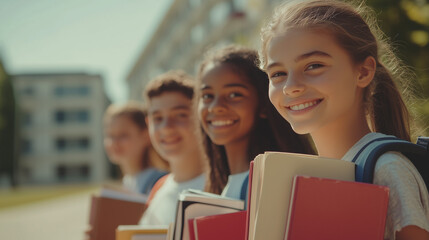Diverse group of smiling students holding books and backpacks, standing in a row outside their school on a sunny day.