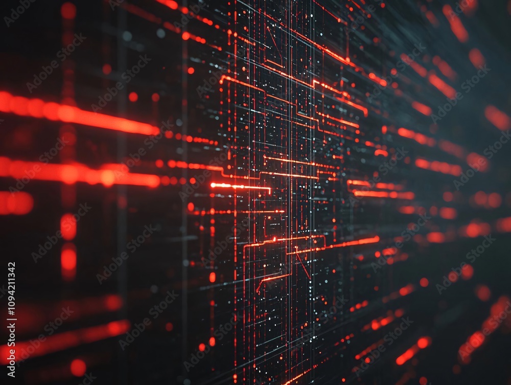 Poster abstract digital background with bright red lines representing data flow and technology innovation.