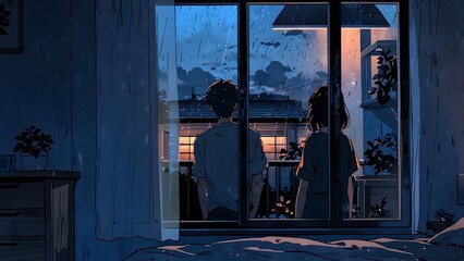 A couple looking out of his bedroom window, raining outside, evening time, sad lofi theme