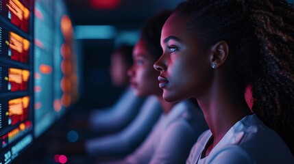 Focused woman analyzing data on screens in a futuristic tech environment with vibrant lighting.