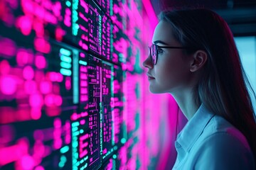 Focused woman analyzing data visualization with bright neon colors in a modern digital workspace.