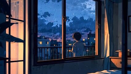 A young boy looking out of his bedroom window, raining outside, evening time, sad lofi theme