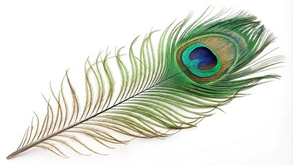 Fototapeta premium Macro image of a single green peafowl feather revealing its intricate patterns and colors up close, birds, macro photography