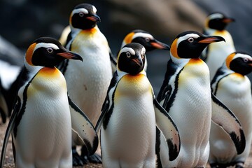 Waddling Tuxedo Penguins in a Cold Habitat: Adorable Closeup Portrait of a Social Group
