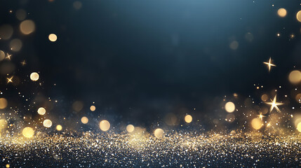 Obraz premium Abstract blurred bokeh lights on dark blue background - festive Christmas and new year holiday template with glittering defocused stars and sparkling effects